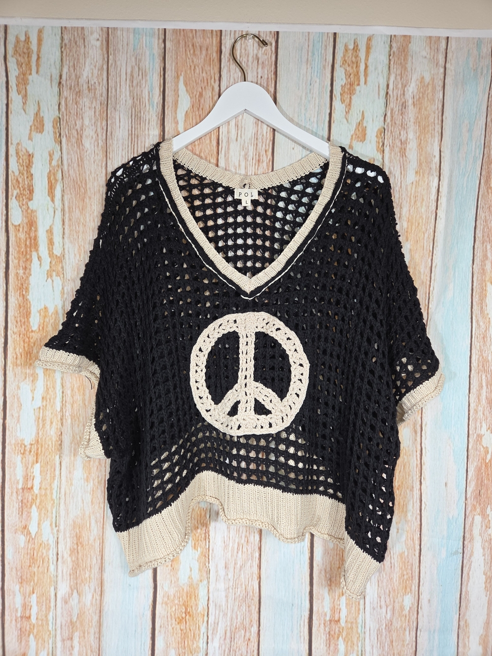 POL Black Crochet V-Neck Sweater with Cream Peace Sign. Size Large - Picture 2 of 5